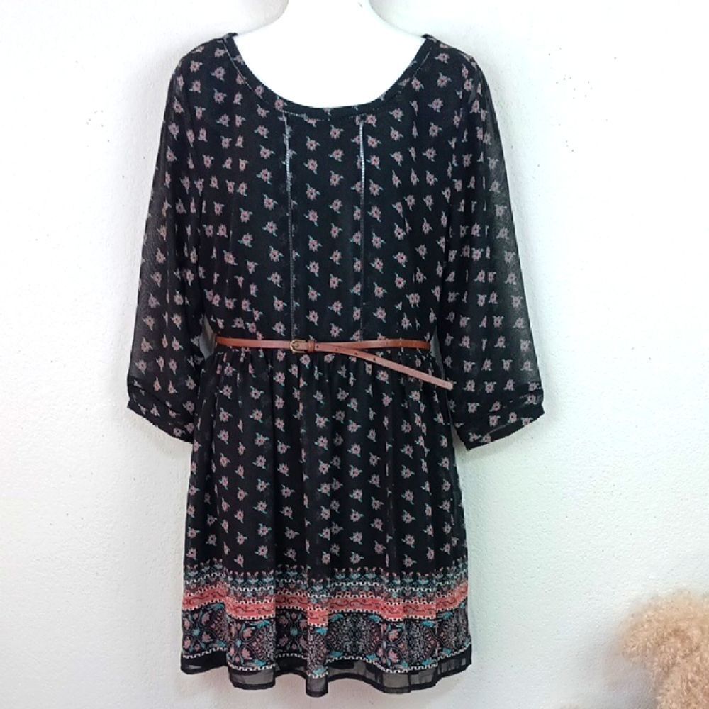 Womens Dark Floral Sheer Long Sleeve Boho Western Mini Dress / Belt sz L